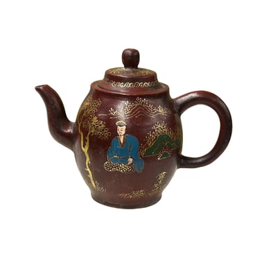 Vintage Chinese Reddish Brown Graphic Zisha Clay Teapot Art Display GB145E 