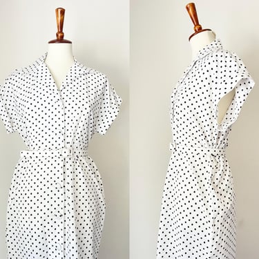 vintage cotton white polkadot belted collared dress 1980s size medium 