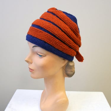 1940s Navy and Orange-Red Striped Wool Knit Hat 