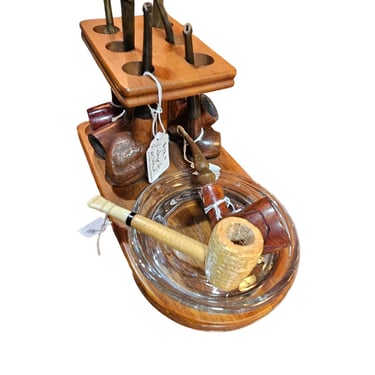 Walnut Pipe Holder – 6-Pipe Stand with Built-In Ashtray Spot, Midcentury Smoking Collectible