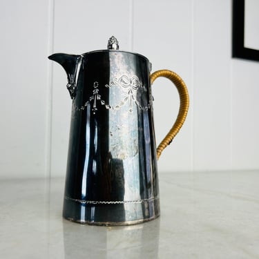 Vintage (1900s) Wm Hutton & Sons Silverplate Carafe, for coffee, tea, etched, wicker, acorn top, elegant, vintage fall home decor, gift 