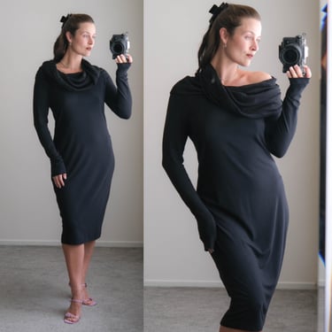 Vintage 90s DONNA KARAN Black Avant Garde Convertible Neckline Stretch Jersey Wool Blend Dress | Made in Hong Kong | 1990s Designer Dress 