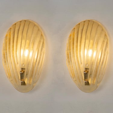 Wall Sconces Murano Glass set of 2, Amber Frost Shell, Brass Frame, Italy 