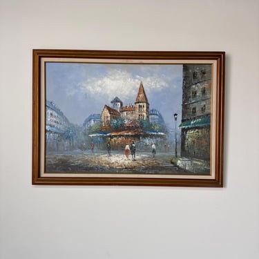 1980’s Vintage Burnett Parisian Street Scene Oil on Canvas Painting - Framed 