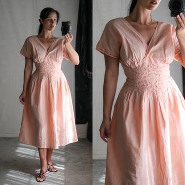 Vintage 80s Pale Pink Linen Day Dress w/ Lace Embroidered Waistline & Trim | Cotton Linen Blend | 1980s Designer Mid Length Handmade Dress 
