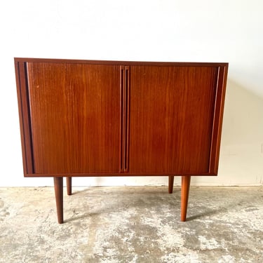 Vintage 1960s Mid Century Modern Vintage Danish Teak Tambour Door Cabinet Model 42 by Kai Kristiansen for Feldballes Mobelfabrik 