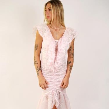 80s Lace Dress (S) vintage pink ruffle prom mermaid small cocoon 