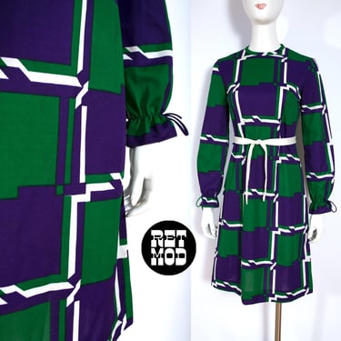 Amazing Vintage 60s 70s Blue Green Geometric Patterned Mod Statement Dress 