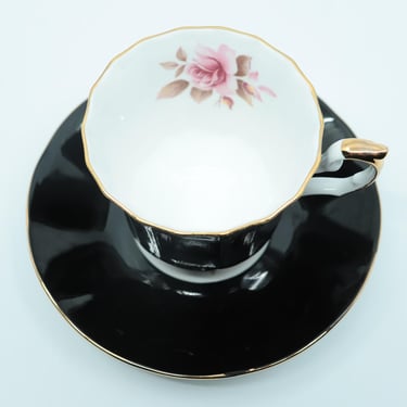 Vintage Elizabethan Tea Cup & Saucer Set Black w/ Rose Accent 
