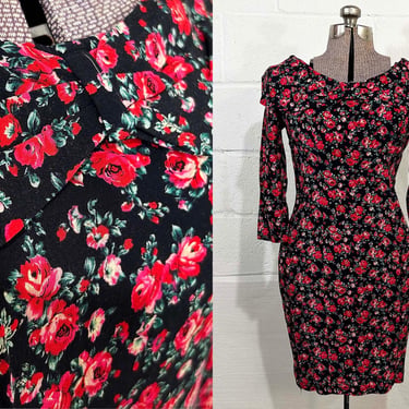 Vintage Grunge Dress Red Roses Long Sleeve Wedding Guest Bridesmaid Jonathan Martin Black Floral Romantic Grunge 1990s 1980s Small 
