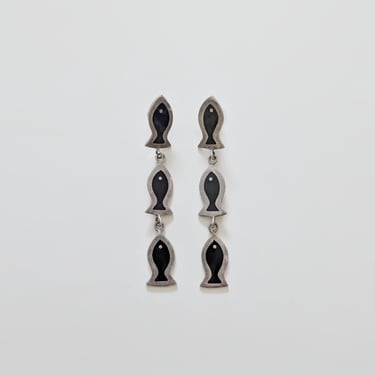 Vintage Modern Anne Harvey Mexico Silver / Black Fish Dangle Pierced Earrings 
