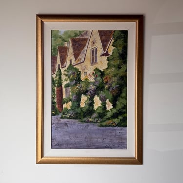 1980s Fred Dettmann (1945–2022) German-American Impressionist European Cottage Landscape Oil on Masonite Painting 