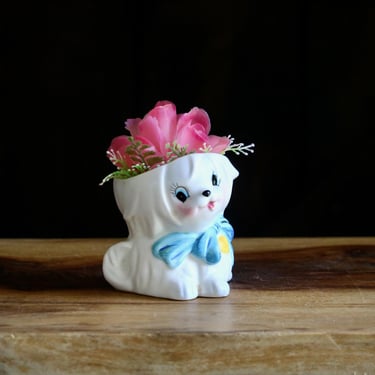 Vintage Lefton Mr. Toodles Sugar Bowl NO LID! Cute White Dog with Blue Bow & Yellow Tag, Use as a Planter! Collector Gift, Grannycore Kitsch 