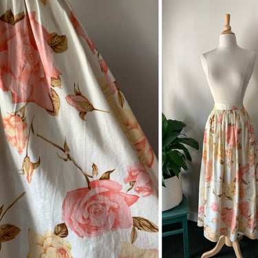Vintage 1980s Pink Yellow Rose Floral Cotton Midi Maxi Skirt | Size Large 