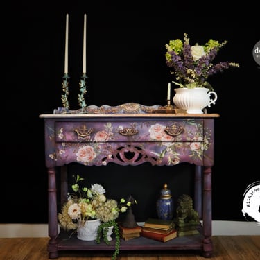 Whimsical Hand-Painted Console Table | Faux Marble Top with Gold Leaf | Floral Transfer | One-of-a-Kind Statement Piece 