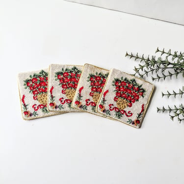 Vintage Needlepoint Cross Stitch Fruit Basket Coaster Set/ Christmas Boho, Cottagecore, Victorian / Set of 4 Coasters 
