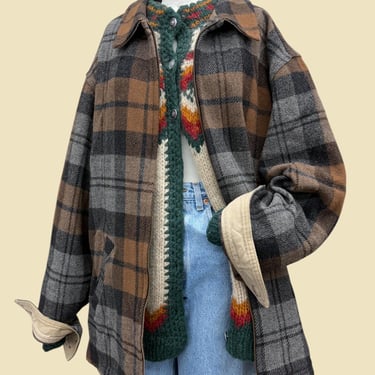 Vintage J.Crew Oarsman Plaid Overshirt Jacket 1990s Retro Men's Size Large Tall + Preppy + Wool/Nylon Mix + Brown/Black/Gray + Zipper Front 