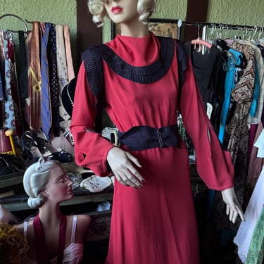 Vintage 1930s Art Deco Red Rayon Crepe NRA  Dress - Small 