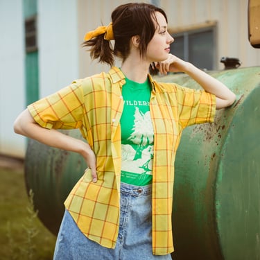 Vintage Plaid Shirt Yellow Short Sleeve Mens Button Up Top Green Orange Retro 70s Cowboy Americana Western 
