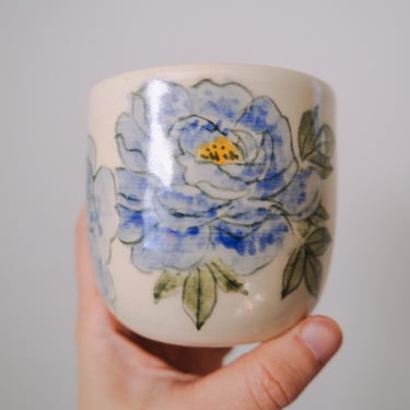 Bamboo Brush Painted Ceramic Mug // Blue Peony 