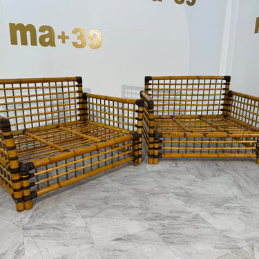 Pair of Italian Bamboo and Rattan Lounge Chairs, 1970s