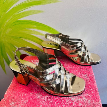 70s strappy gold high heel sandals 1970s disco metallic woven slingback open toe chunky heels dancing party shoes / vegan vinyl size 6 1/2 