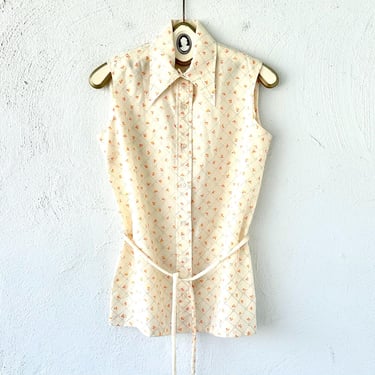 Vintage 70s Boho Floral Dagger Collared Shirt 1970s Off White Sleeveless Blouse with Sash 
