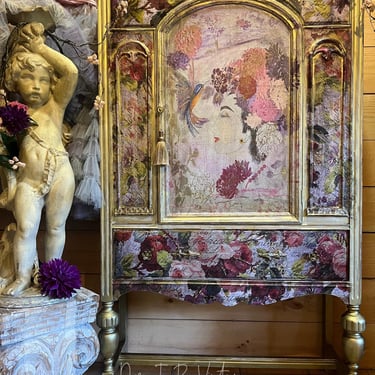 Hand Painted Floral Cabinet:  Decoupage Storage Cabinet, Rustic Glam Furniture, Boho French Furniture 