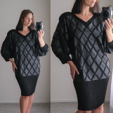 Vintage 80s Patchwork Deep Black Leather Dress w/ Knit Sweater Hemline | 100% Leather | 1980s Designer Vintage Dress | Boho Bohemian 