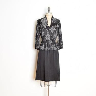 vintage 70s secretary dress black gray floral print boho midi disco M 
