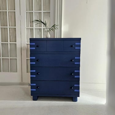 Chunky vintage art deco dresser, tall dresser dark blue, moody blue, mid century wood dresser, dopamine home, vintage bureau. dresser nj nyc 