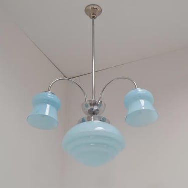 Art Deco Chandelier Czechoslovak Chrome Opaline Glass Pendant Ceiling Light Vintage 1930s Three Arm 