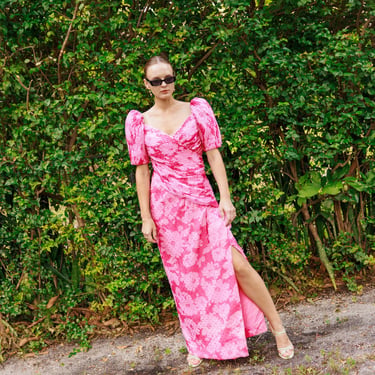 80s Pink Metallic Thread Ruched Puff Sleeve Dress Vintage 1980s Diane Dickinson Silk Chiffon Party Maxi Dress 