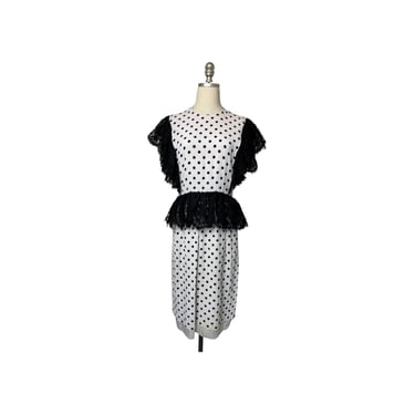 1980s Bill Blass Polka Dot Dress with Lace Trim 