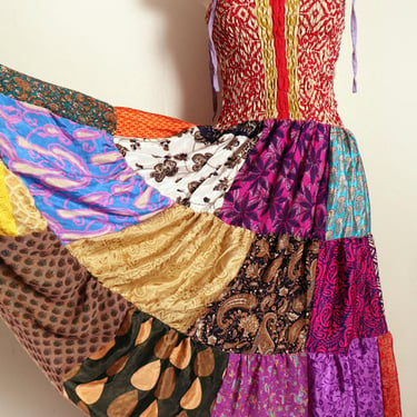 100% SILK Patchwork Sun Dress Boho Hippie Elastic Smocking Fit & Flare Y2K Vintage 
