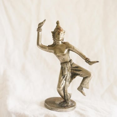 Vintage Southeast Asian Dancer Figurine | Silver Tone Cast Metal Thai Style Statue | 7.75” Decorative Sculpture 