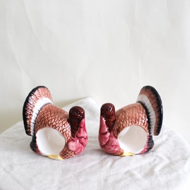 Vintage Ceramic Turkey Napkin Rings - Set of 2, Thanksgiving Table Decor, Hand-Painted Autumn Dinner Party Table Scape, Holiday Hostess Gift 