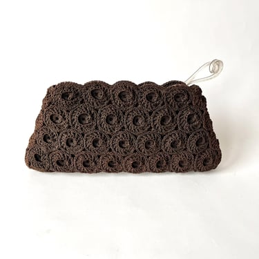 Vintage Clutch Purse 1940s Brown Crochet Gimp 