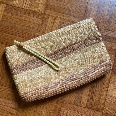 Vtg Straw Clutch Purse, Vintage 80s Yellow Straw Wristlet Purse, Natural and Yellow Basket Bag, Wrist Strap Bag 