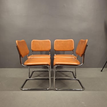Set of 4 Cesca Chairs by Marcel Breuer | New Cognac Leather Upholstery | Chrome Cantilever Dining Chairs | Mid Century Modern 