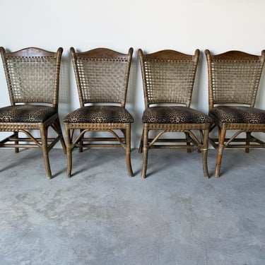 Vintage McGuire-Style Organic Rattan & Leather Dining Chairs – Set of 4 