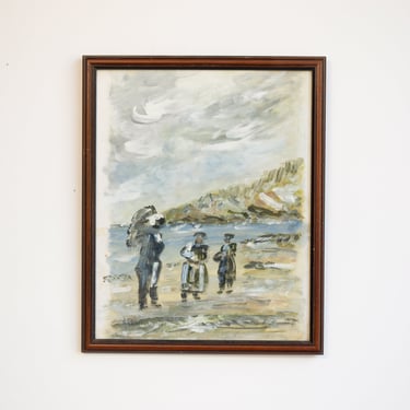 Figures on Beach with Cloudy Sky Oil Painting