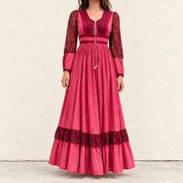 Vintage 70s Gunne Sax Pink Lace Prairie Maxi Dress XS/S Corset Dyed Whimsigoth 