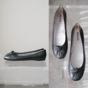 Vintage PRADA 2006 Nappa Knot Nero Black Ballerina Calfskin Leather Flats Unworn w/ Box & Dust Bags | DEADSTOCK | Size 39.5 | Y2K Designer 