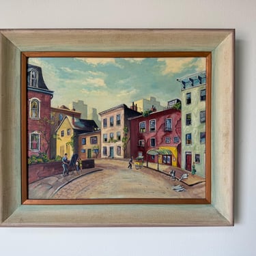 1970’s Vintage Impressionist Cityscape Street Scene Oil on Canvas Board Painting, Framed 