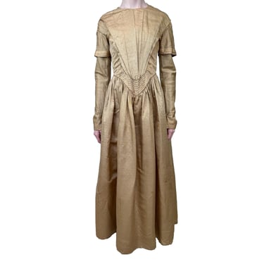 Antique Gold brocade Silk Victorian Long Sleeve V Shaped Waist Dress AS IS 