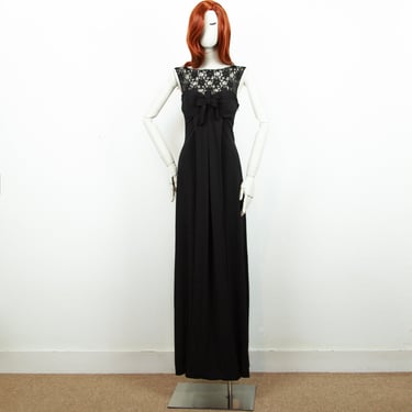 Vintage 90s Scervino Black Maxi Long Evening Dress Top Lace Sleeveless Front Bow Size S UK 10 