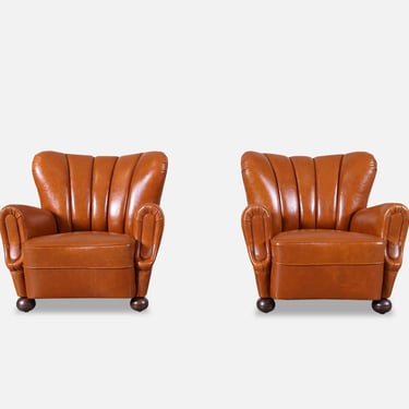 Scandinavian Art Deco Club Lounge Chairs in Cognac Leather, 1940s