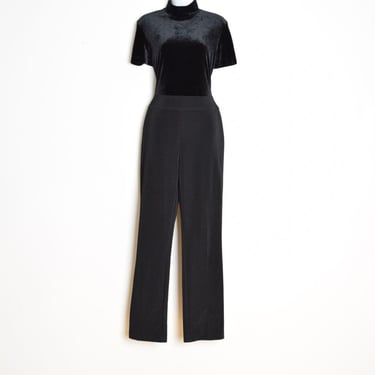 vintage 90s jumpsuit black velvet knit short slv funnel neck pantsuit romper M 
