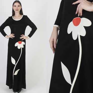 Black Floral Applique Lounge Dress, Cocktail Party Maxi, Vintage 70s Evening Gown 